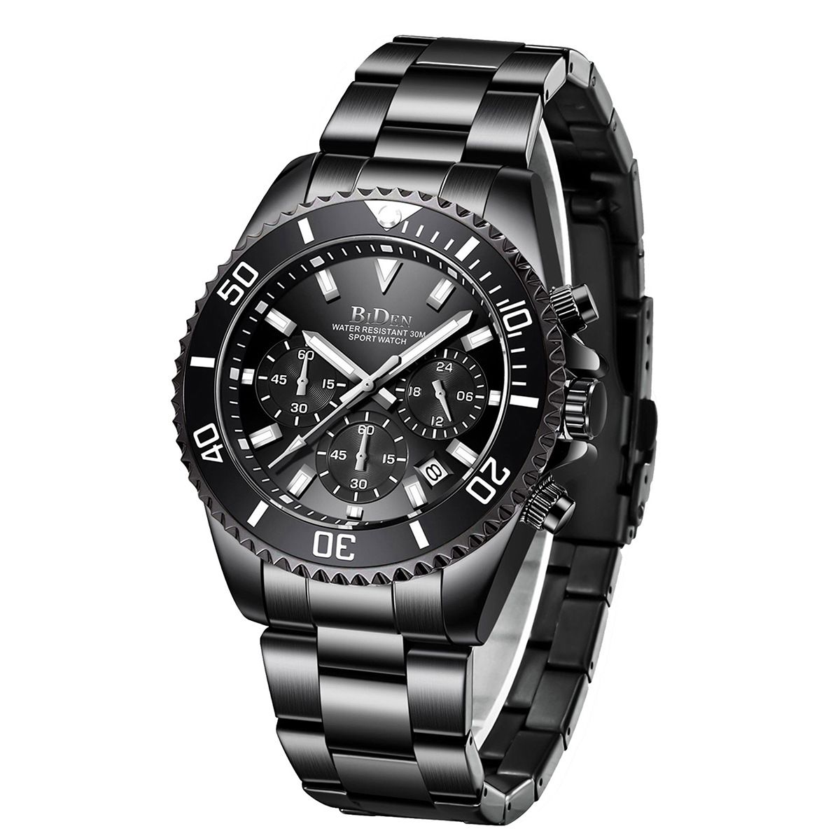 BIDEN Brand Mens Chronograph Stainless Steel Strap Waterproof Date Quartz Movement Watch Business Casual Wrist Watches Luxury Gift