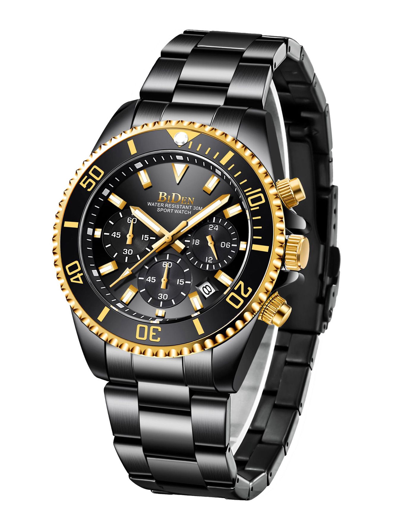 BIDEN Brand Mens Chronograph Stainless Steel Strap Waterproof Date Quartz Movement Watch Business Casual Wrist Watches Luxury Gift