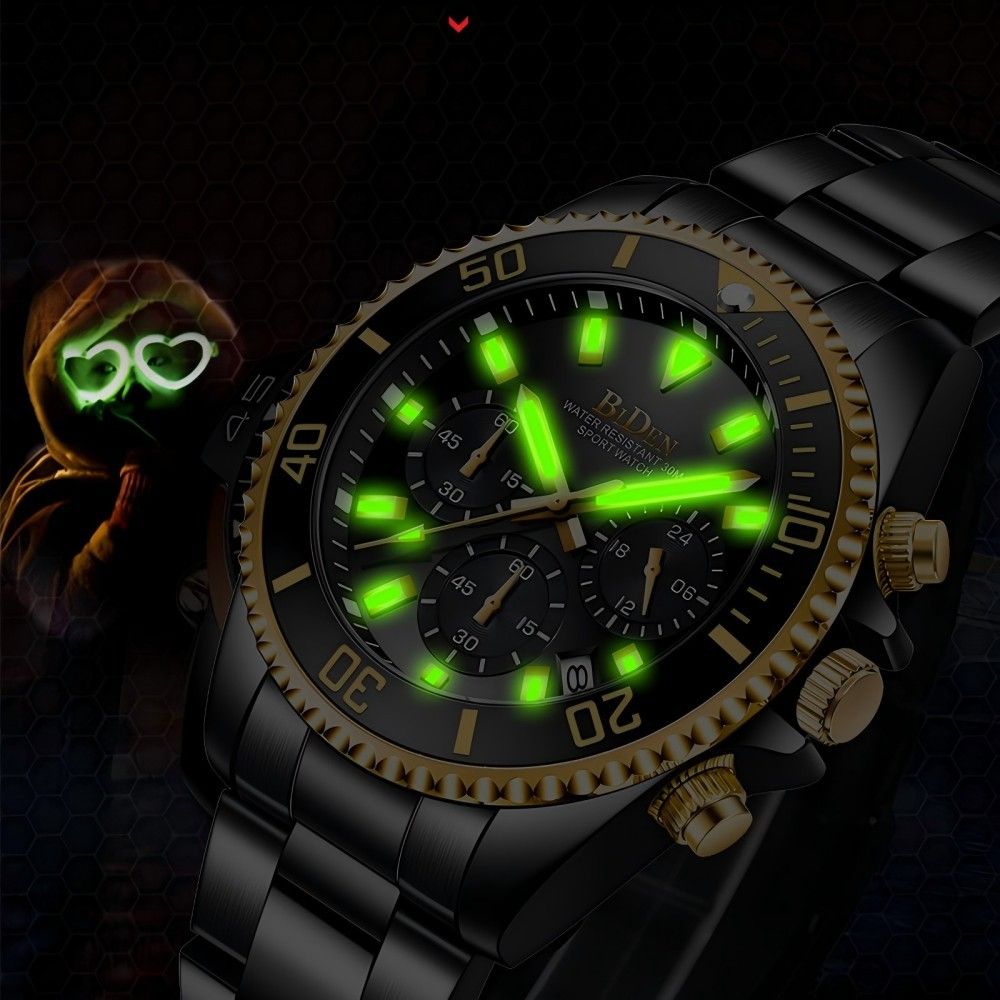BIDEN Brand Mens Chronograph Stainless Steel Strap Waterproof Date Quartz Movement Watch Business Casual Wrist Watches Luxury Gift