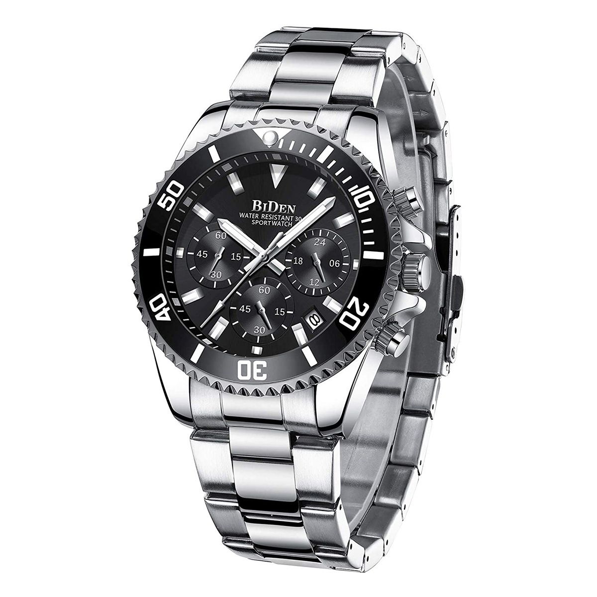 BIDEN Brand Mens Chronograph Stainless Steel Strap Waterproof Date Quartz Movement Watch Business Casual Wrist Watches Luxury Gift