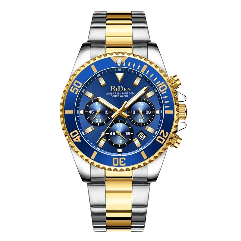 BIDEN Brand Mens Chronograph Stainless Steel Strap Waterproof Date Quartz Movement Watch Business Casual Wrist Watches Luxury Gift