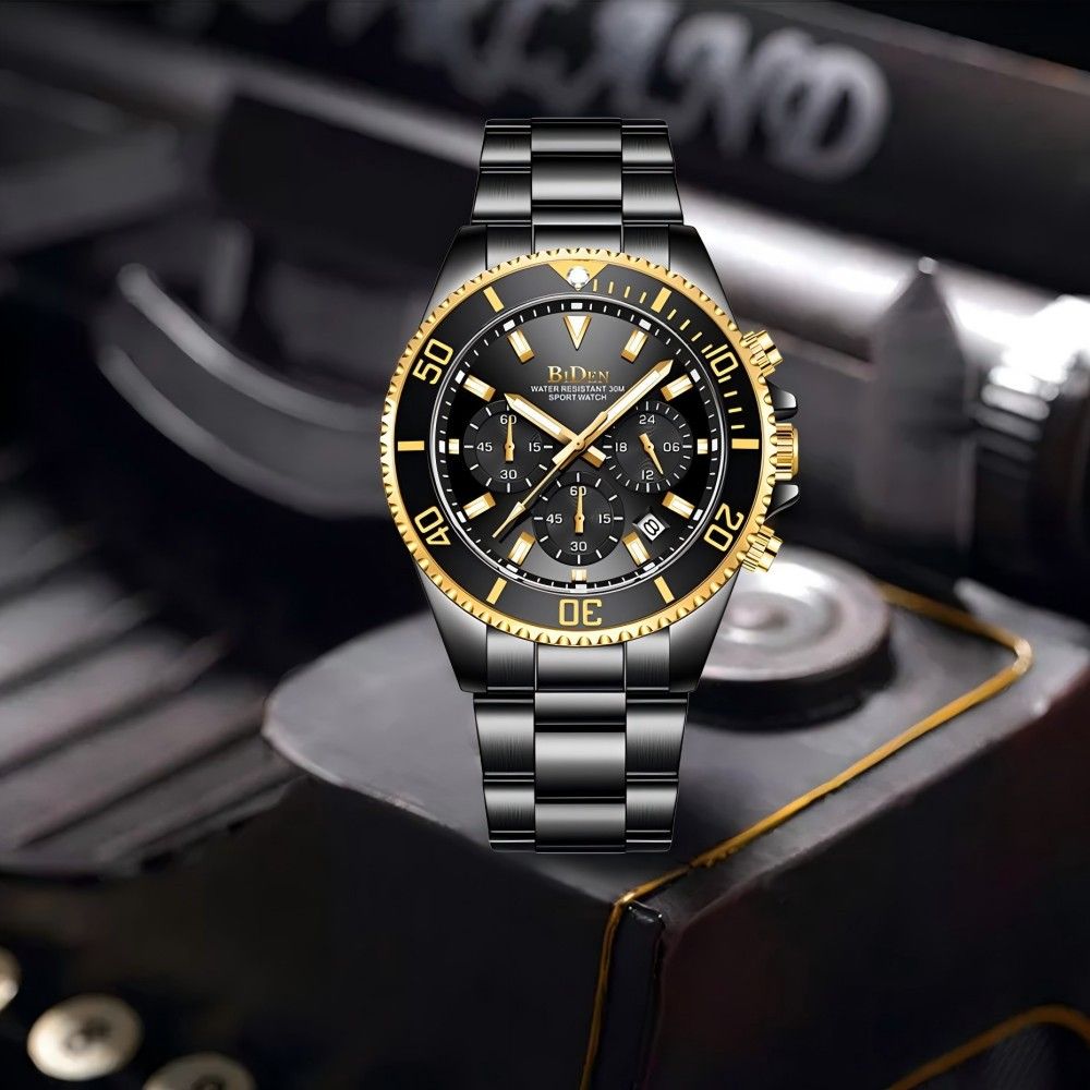 BIDEN Brand Mens Chronograph Stainless Steel Strap Waterproof Date Quartz Movement Watch Business Casual Wrist Watches Luxury Gift