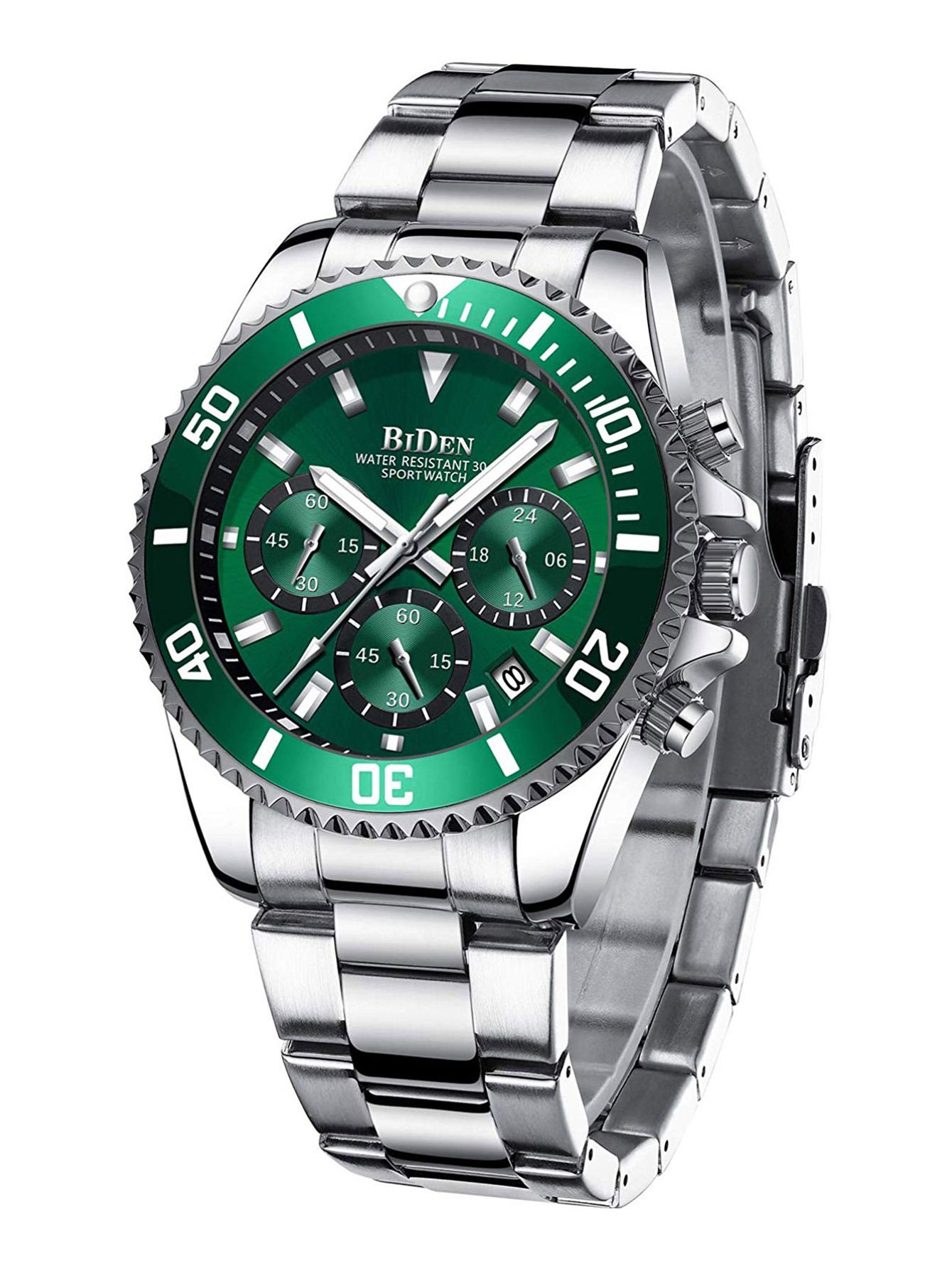 BIDEN Brand Mens Chronograph Stainless Steel Strap Waterproof Date Quartz Movement Watch Business Casual Wrist Watches Luxury Gift