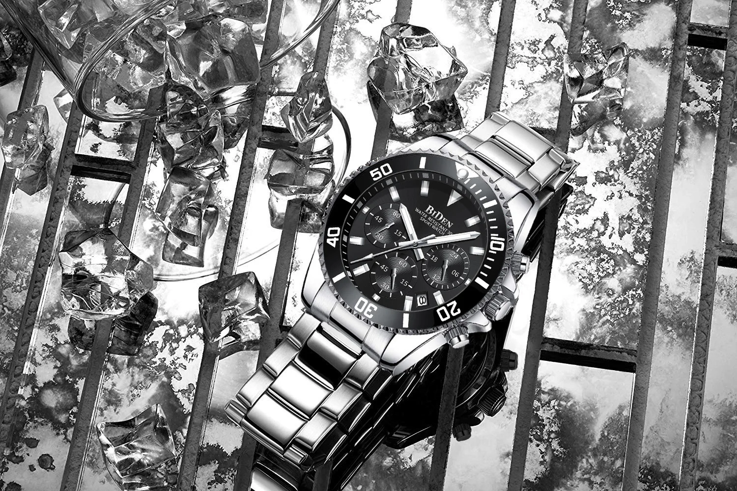 BIDEN Brand Mens Chronograph Stainless Steel Strap Waterproof Date Quartz Movement Watch Business Casual Wrist Watches Luxury Gift