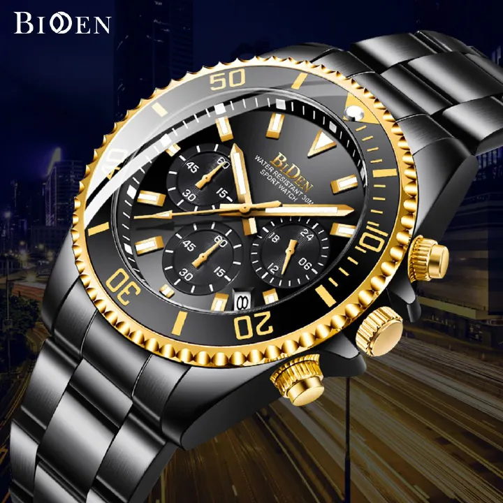 BIDEN Brand Mens Chronograph Stainless Steel Strap Waterproof Date Quartz Movement Watch Business Casual Wrist Watches Luxury Gift
