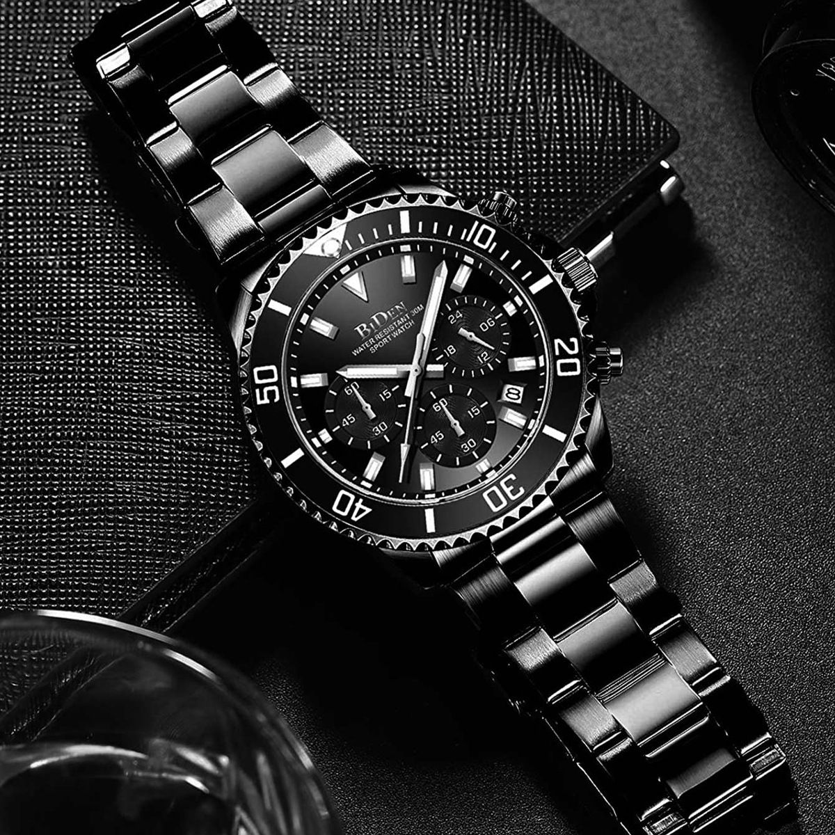 BIDEN Brand Mens Chronograph Stainless Steel Strap Waterproof Date Quartz Movement Watch Business Casual Wrist Watches Luxury Gift