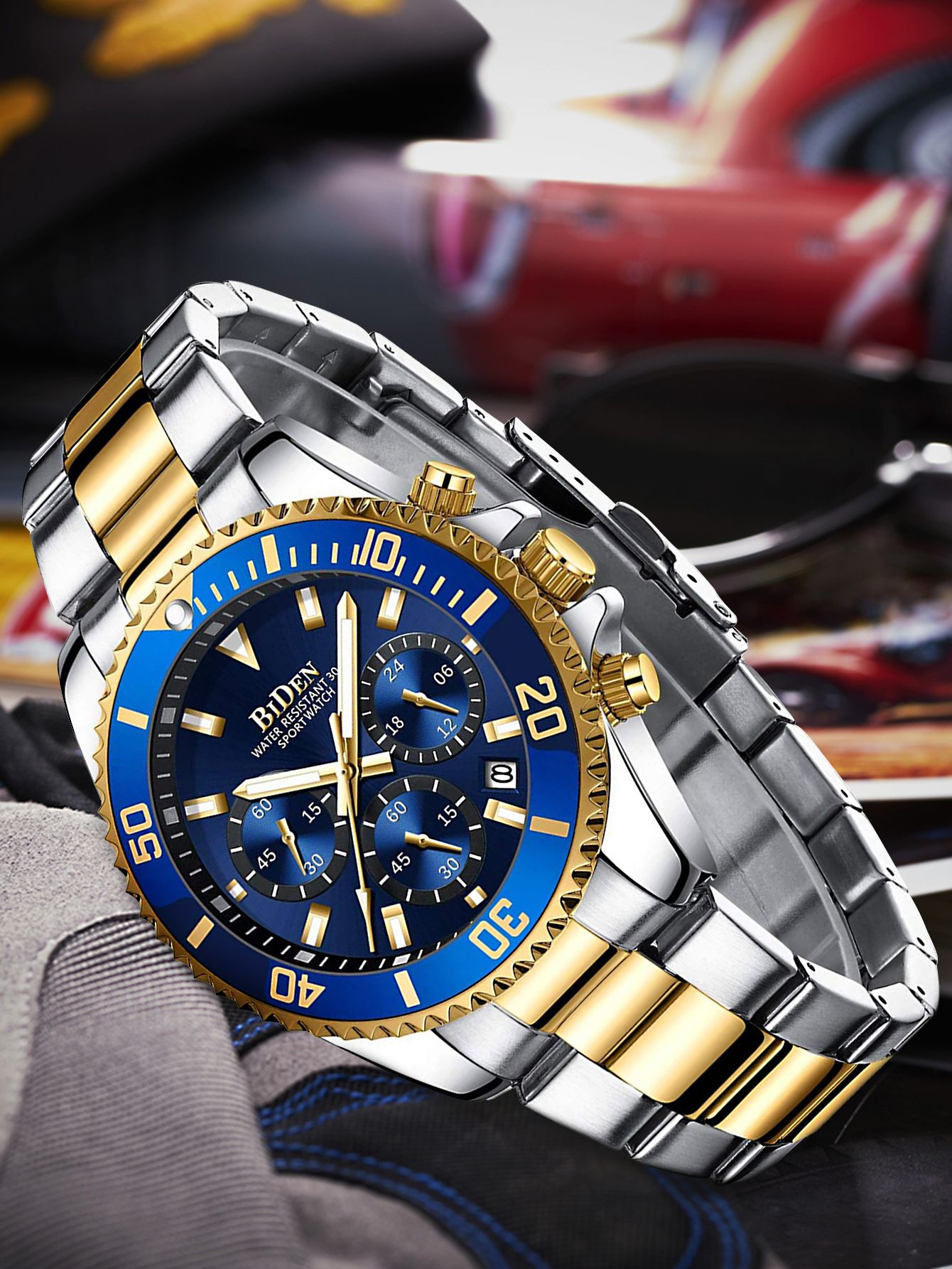 BIDEN Brand Mens Chronograph Stainless Steel Strap Waterproof Date Quartz Movement Watch Business Casual Wrist Watches Luxury Gift