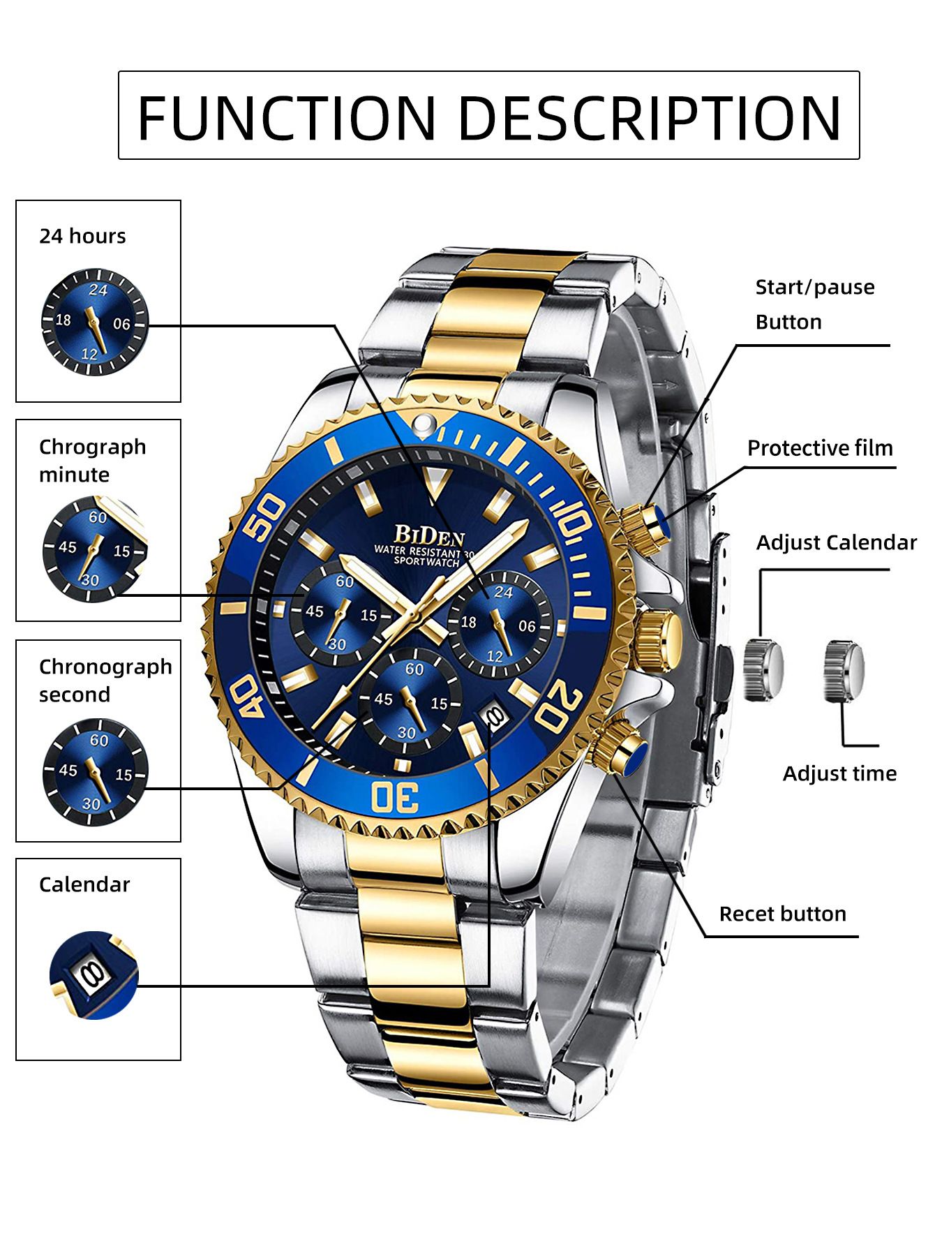 BIDEN Brand Mens Chronograph Stainless Steel Strap Waterproof Date Quartz Movement Watch Business Casual Wrist Watches Luxury Gift