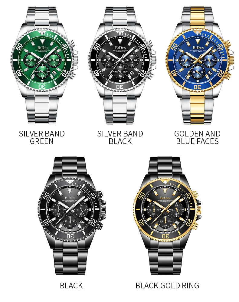 BIDEN Brand Mens Chronograph Stainless Steel Strap Waterproof Date Quartz Movement Watch Business Casual Wrist Watches Luxury Gift