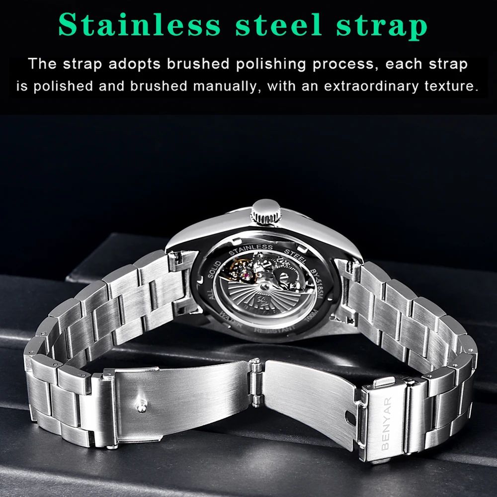 BENYAR New Luxury Automatic Watch 10Bar Waterproof Stainless Steel Men Mechanical Wristwatches Sports Diving Watch for Men