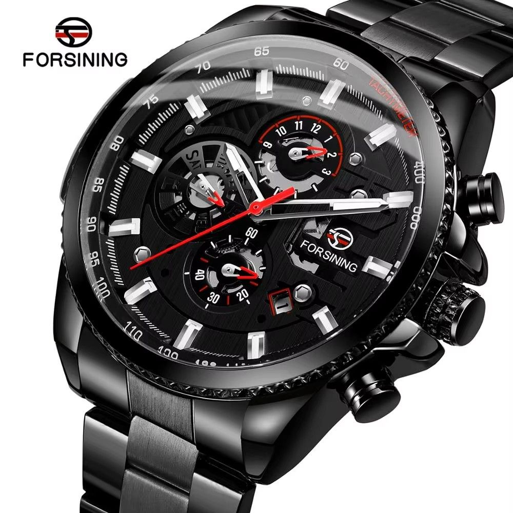 Forsining Three Dial Calendar Stainless Steel Men Mechanical Automatic Wrist Watches Top Brand Luxury Military Sport Male Clock