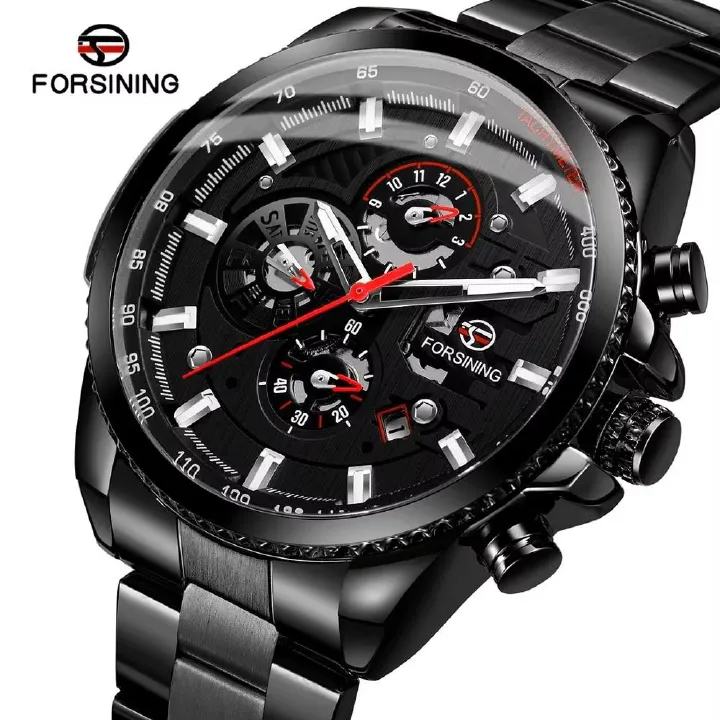 Forsining Three Dial Calendar Stainless Steel Men Mechanical Automatic Wrist Watches Top Brand Luxury Military Sport Male Clock