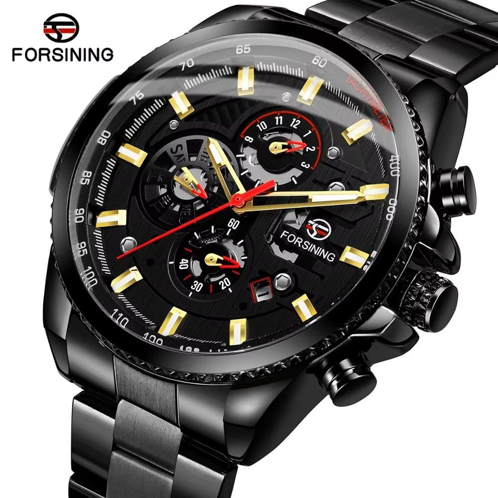 Forsining Three Dial Calendar Stainless Steel Men Mechanical Automatic Wrist Watches Top Brand Luxury Military Sport Male Clock