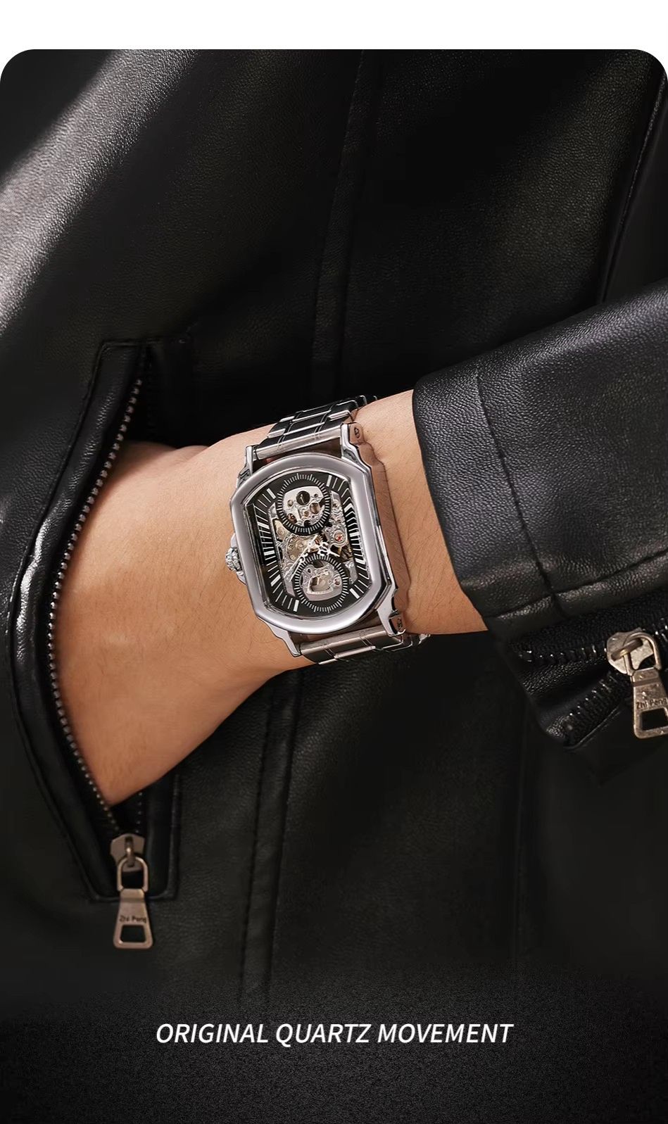 WINNER Original Factory Rectangle Stainless Steel Strap Skeleton Large Man Watch Automatic Movement Mechanical Clock Male Wristwatches