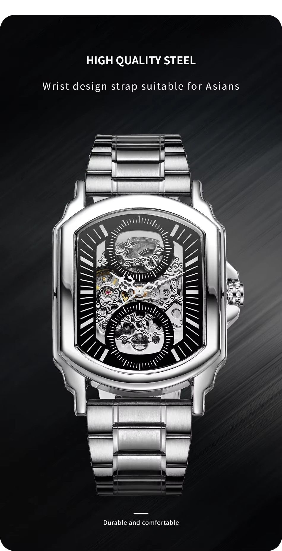 WINNER Original Factory Rectangle Stainless Steel Strap Skeleton Large Man Watch Automatic Movement Mechanical Clock Male Wristwatches