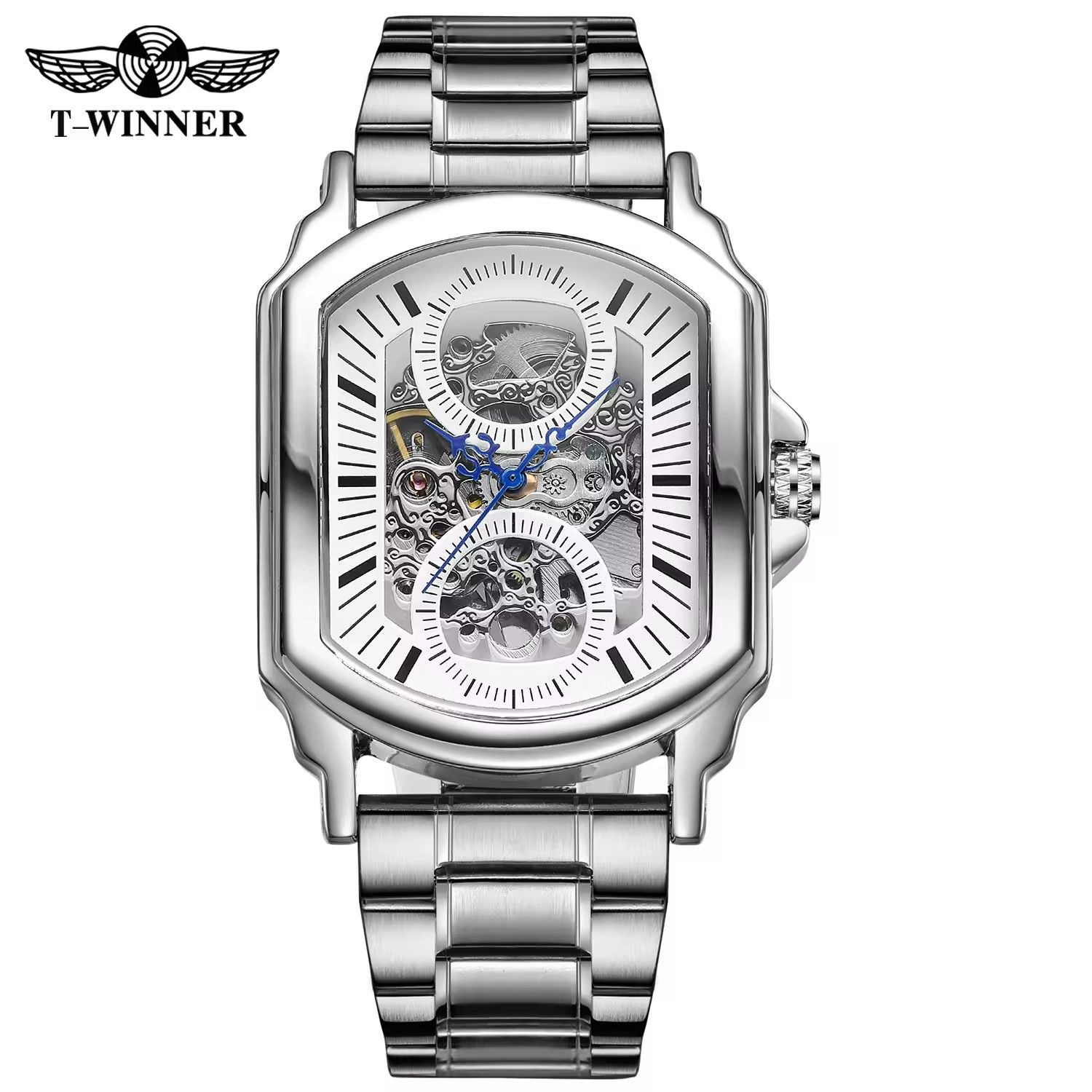WINNER Original Factory Rectangle Stainless Steel Strap Skeleton Large Man Watch Automatic Movement Mechanical Clock Male Wristwatches