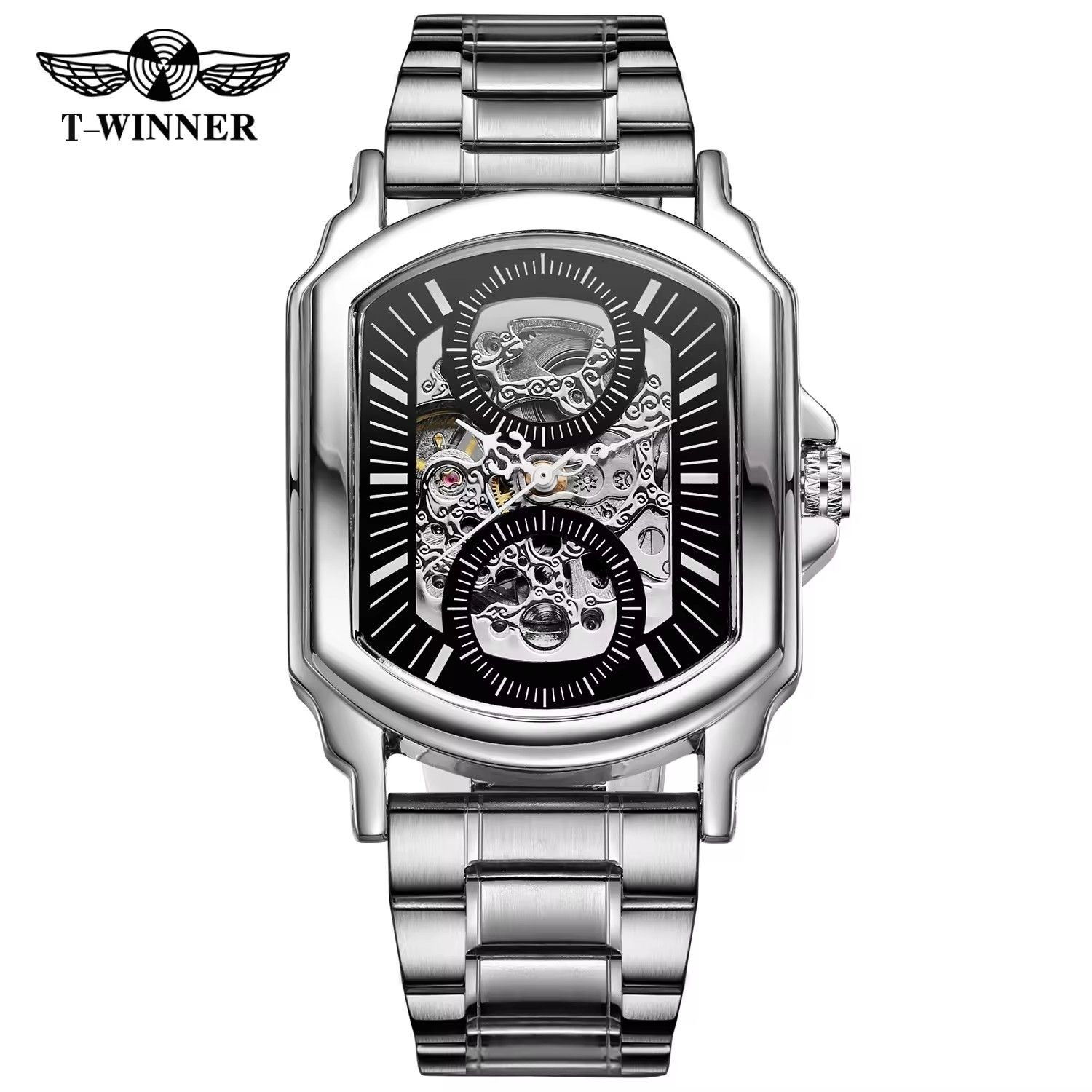 WINNER Original Factory Rectangle Stainless Steel Strap Skeleton Large Man Watch Automatic Movement Mechanical Clock Male Wristwatches