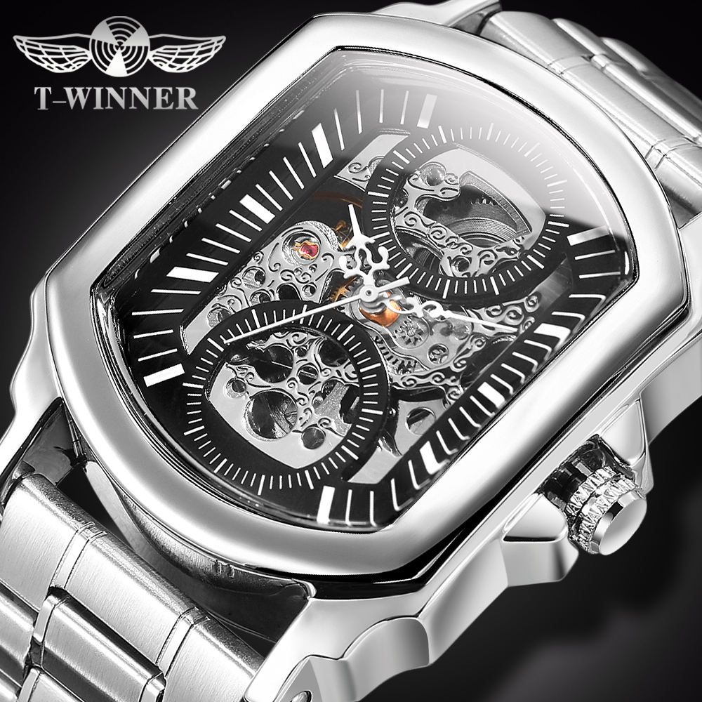 WINNER Original Factory Rectangle Stainless Steel Strap Skeleton Large Man Watch Automatic Movement Mechanical Clock Male Wristwatches