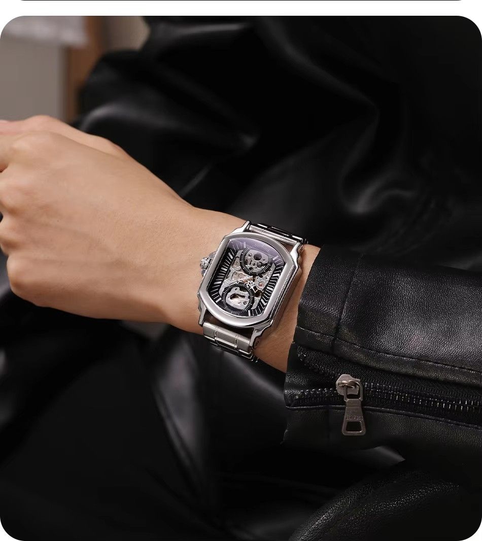 WINNER Original Factory Rectangle Stainless Steel Strap Skeleton Large Man Watch Automatic Movement Mechanical Clock Male Wristwatches