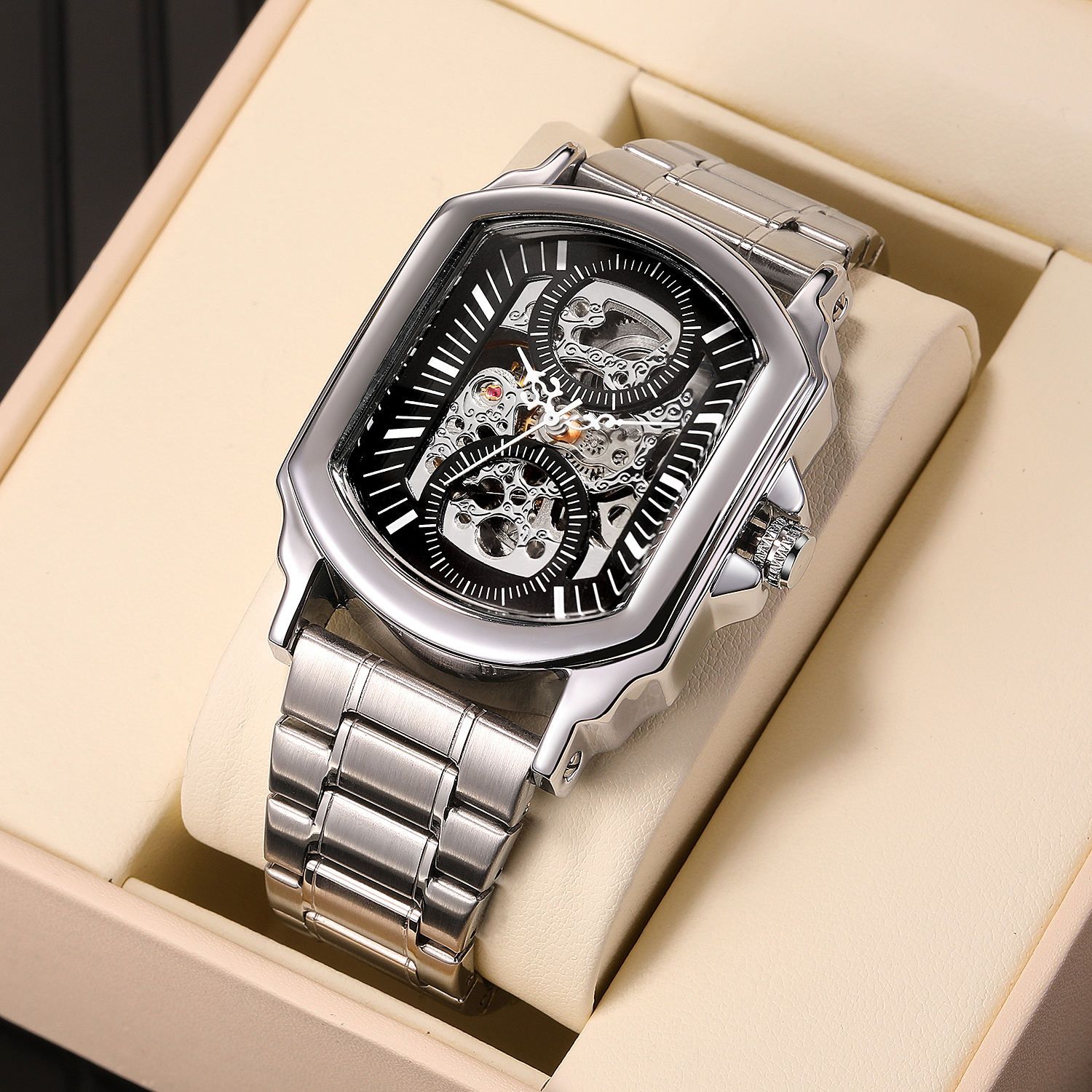 WINNER Original Factory Rectangle Stainless Steel Strap Skeleton Large Man Watch Automatic Movement Mechanical Clock Male Wristwatches