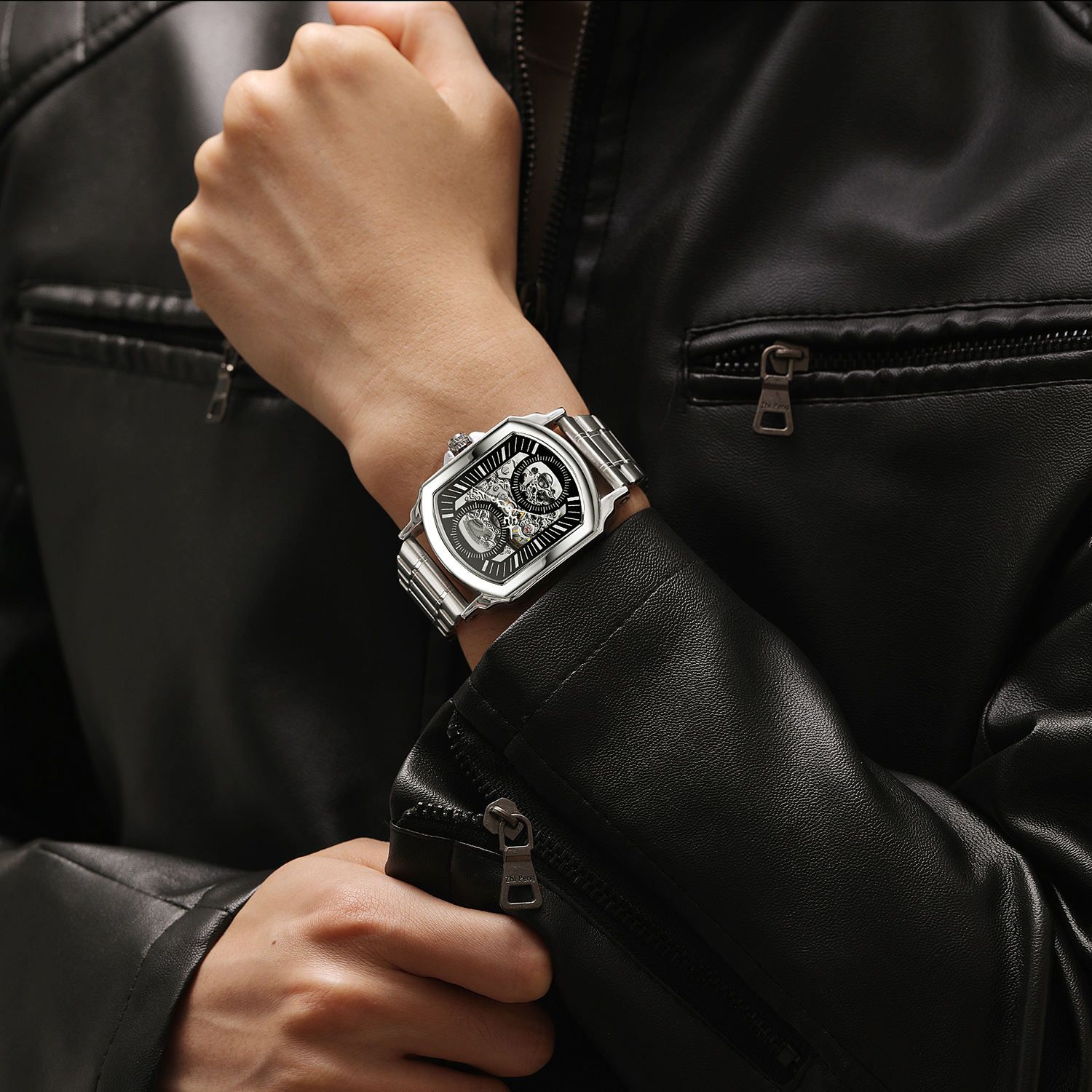 WINNER Original Factory Rectangle Stainless Steel Strap Skeleton Large Man Watch Automatic Movement Mechanical Clock Male Wristwatches