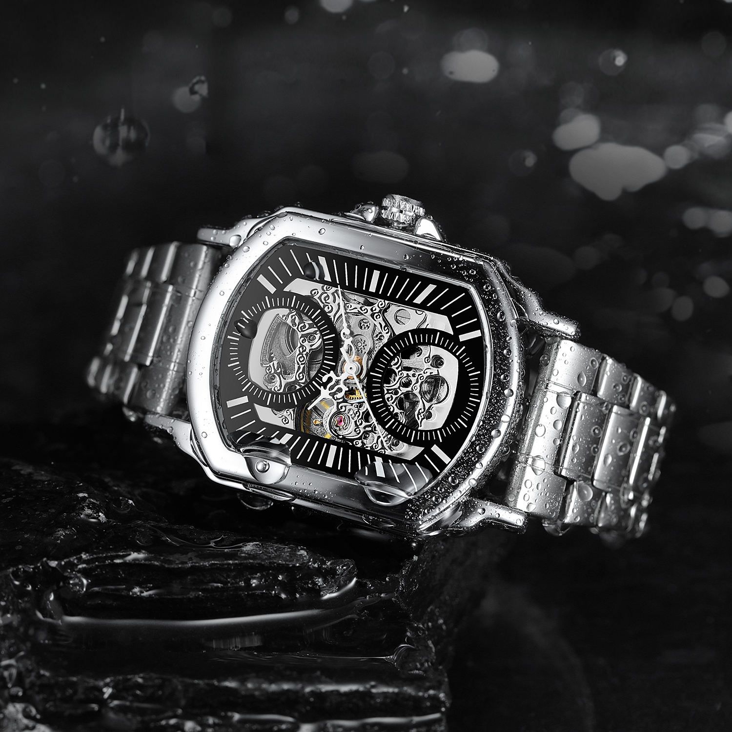 WINNER Original Factory Rectangle Stainless Steel Strap Skeleton Large Man Watch Automatic Movement Mechanical Clock Male Wristwatches