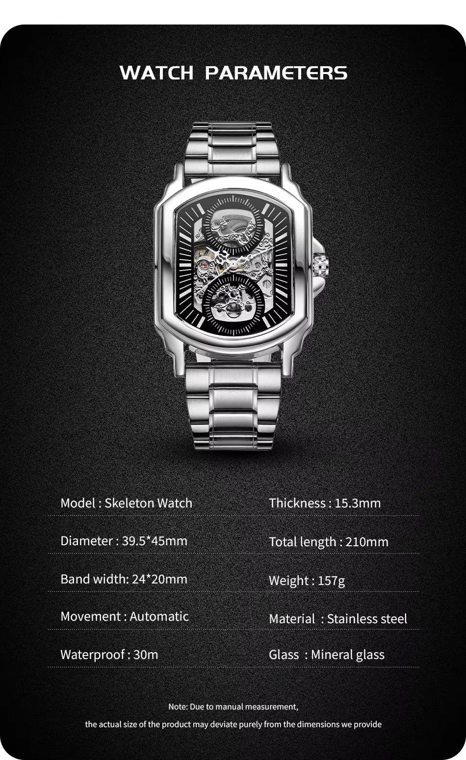 WINNER Original Factory Rectangle Stainless Steel Strap Skeleton Large Man Watch Automatic Movement Mechanical Clock Male Wristwatches
