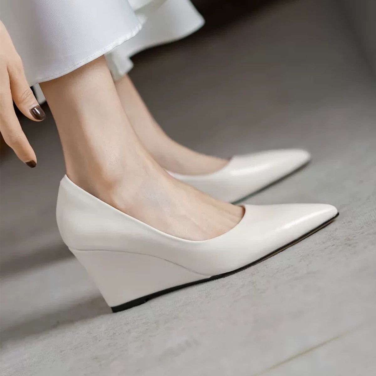 Women's Ivory Floral Wedge Wedding Shoes - Platform Bridal Heels with Pearl Ankle Strap, Elegant Lace Flower Design, Perfect for Brides at Modern City Weddings