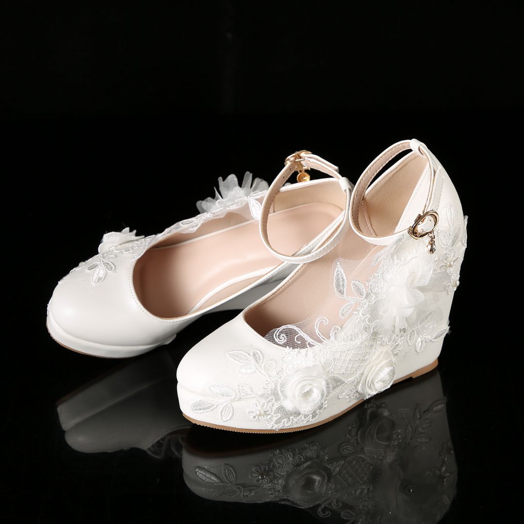 Women's Ivory Lace Floral Wedge Wedding Shoes - Platform Bridal Heels with Ankle Strap, Elegant Romantic Style for Brides at City Weddings