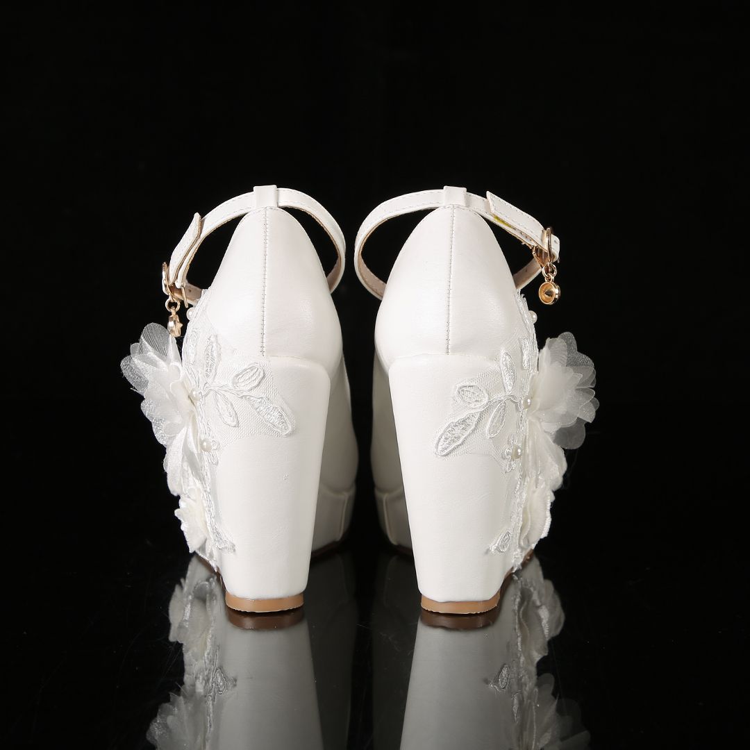 Women's Ivory Lace Floral Wedge Wedding Shoes - Platform Bridal Heels with Ankle Strap, Elegant Romantic Style for Brides at City Weddings