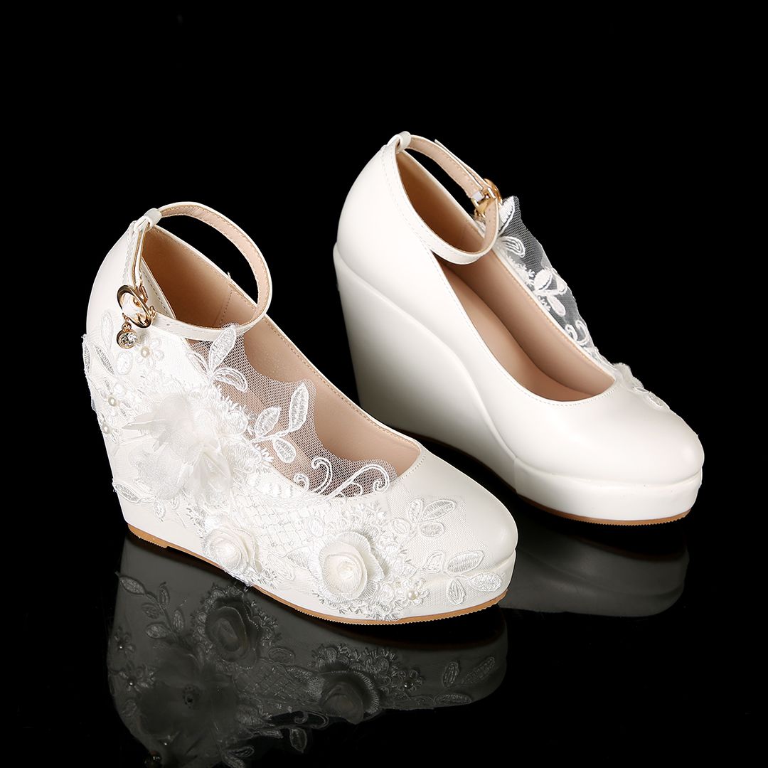 Women's Ivory Lace Floral Wedge Wedding Shoes - Platform Bridal Heels with Ankle Strap, Elegant Romantic Style for Brides at City Weddings
