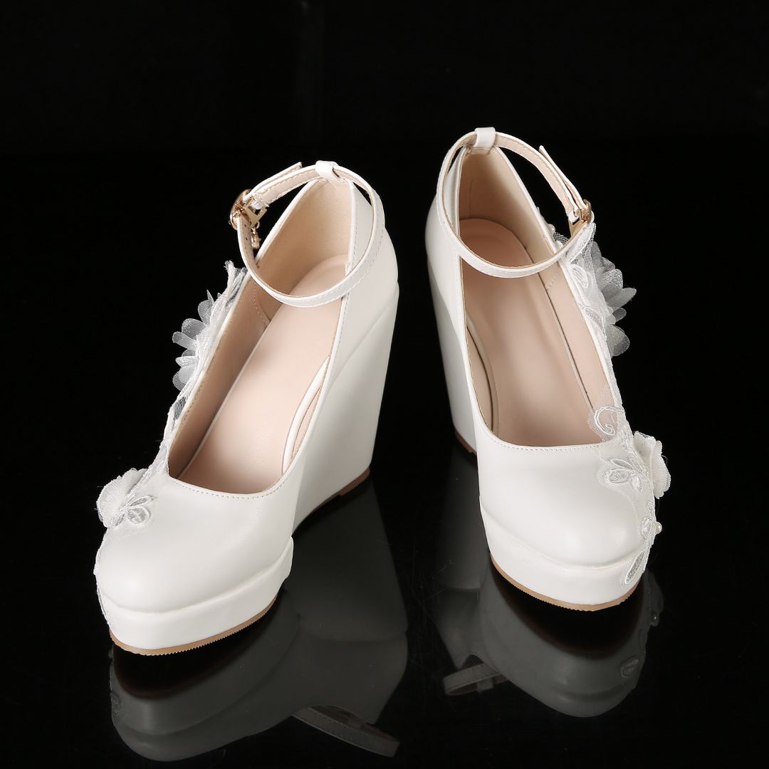 Women's Ivory Lace Floral Wedge Wedding Shoes - Platform Bridal Heels with Ankle Strap, Elegant Romantic Style for Brides at City Weddings