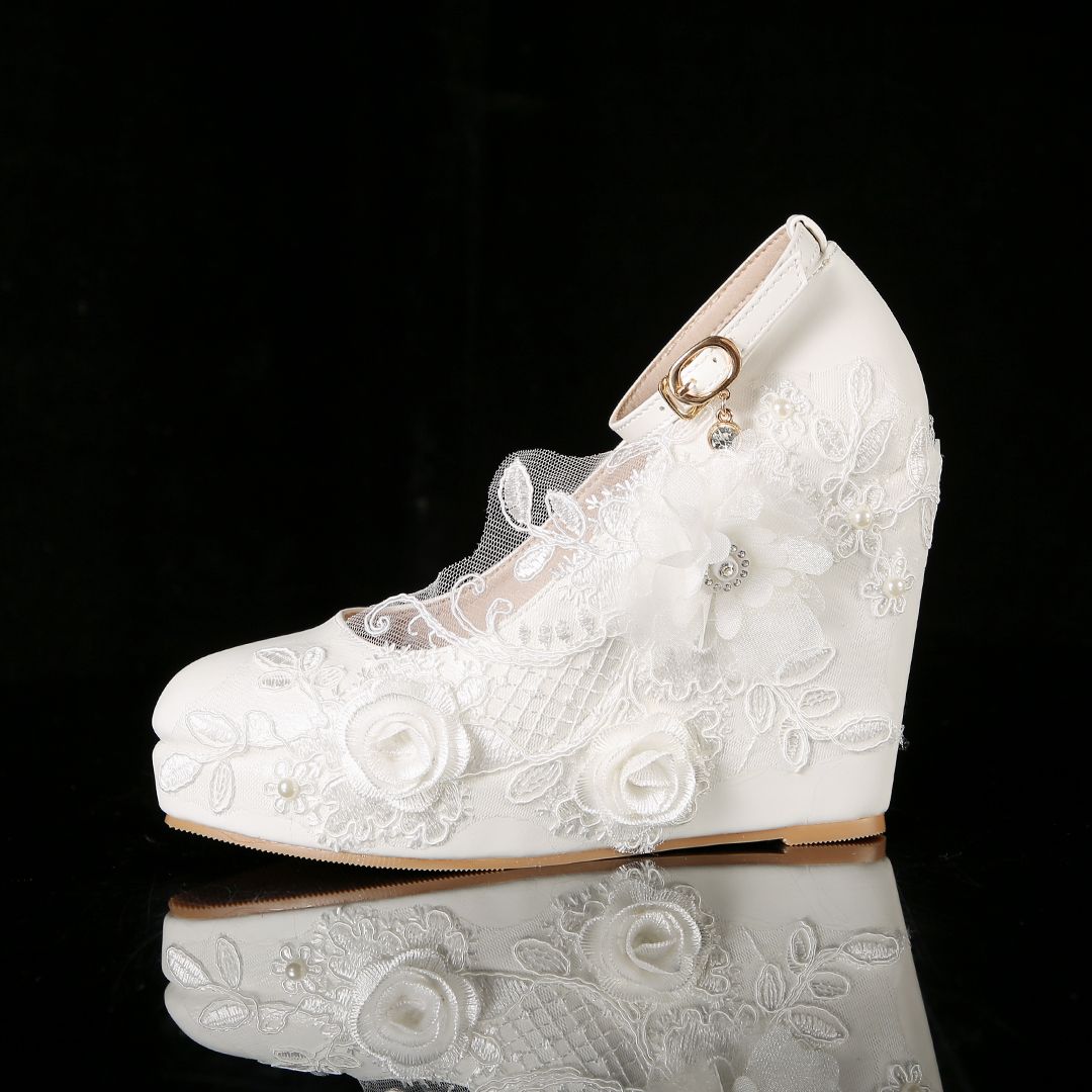 Women's Ivory Lace Floral Wedge Wedding Shoes - Platform Bridal Heels with Ankle Strap, Elegant Romantic Style for Brides at City Weddings