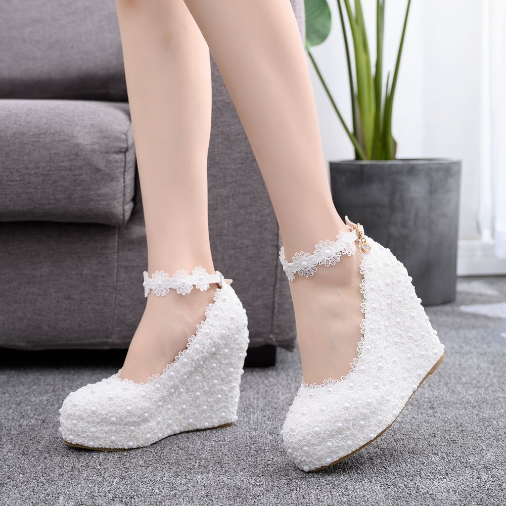 Women's Beaded Lace High-heeled Wedding Shoes, Single Shoes, One-word Buckle, Waterproof Terrace hee39