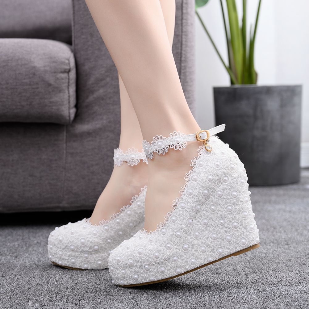 Women's Beaded Lace High-heeled Wedding Shoes, Single Shoes, One-word Buckle, Waterproof Terrace hee39