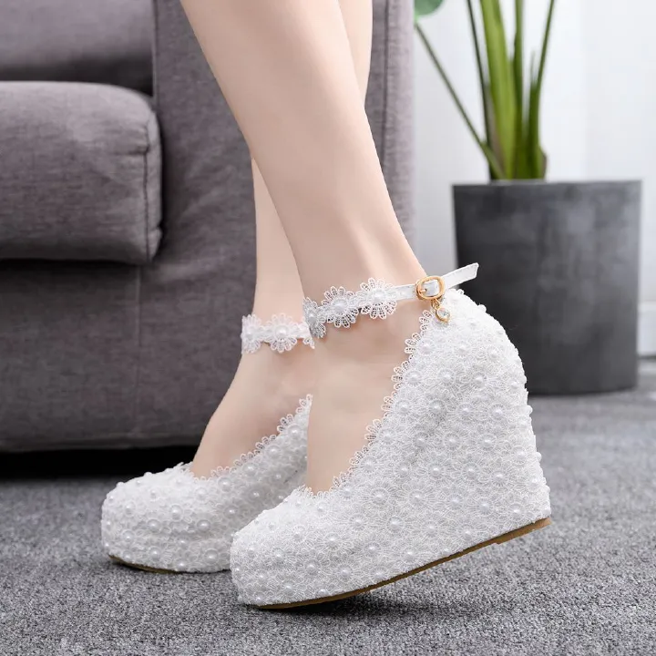 Women's Beaded Lace High-heeled Wedding Shoes, Single Shoes, One-word Buckle, Waterproof Terrace hee39