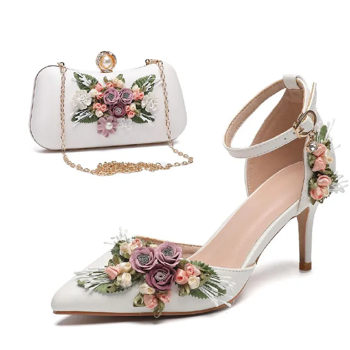 hite Floral High Heel Pumps with Matching Clutch – Romantic Wedding & Special Occasion Shoes for Women