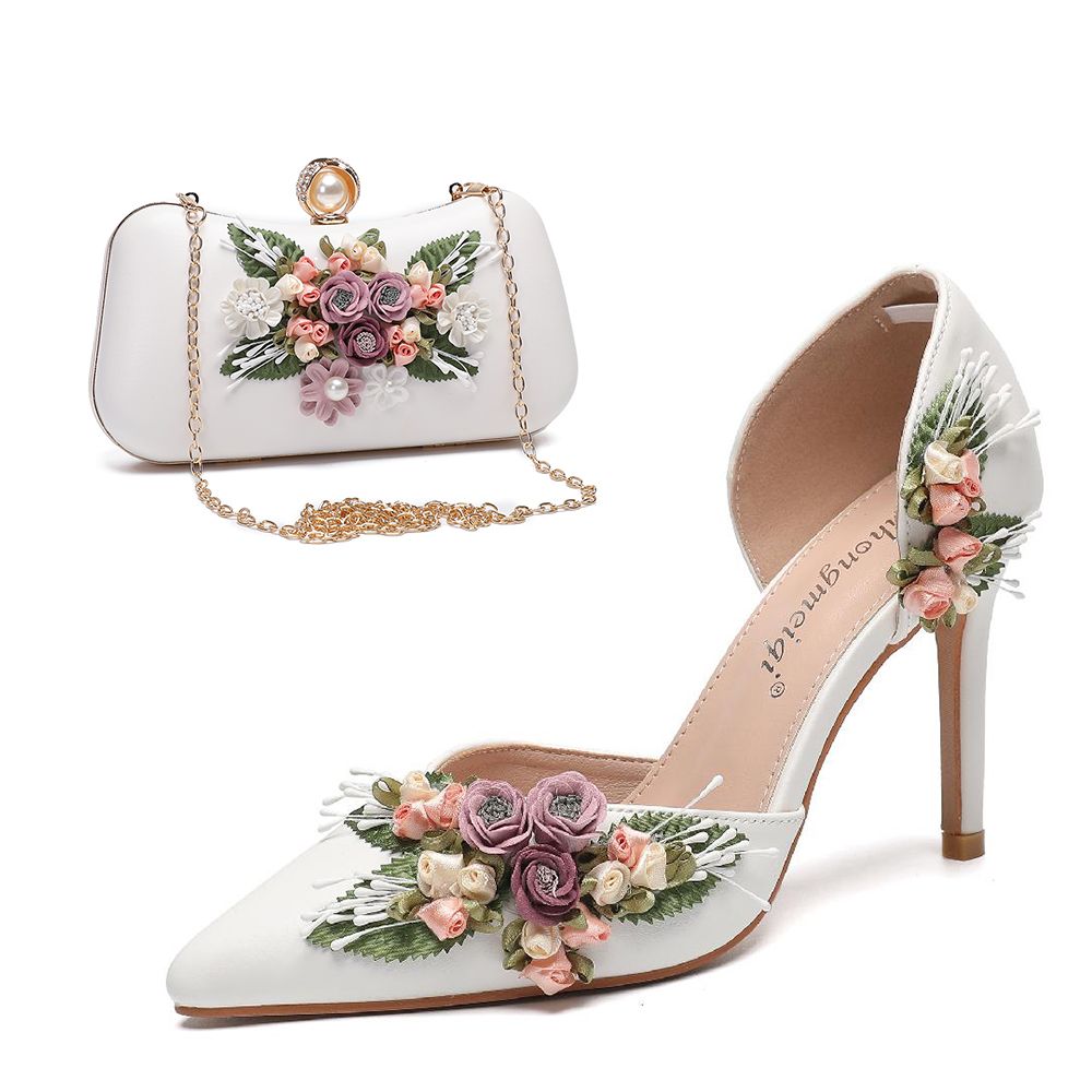 hite Floral High Heel Pumps with Matching Clutch – Romantic Wedding & Special Occasion Shoes for Women