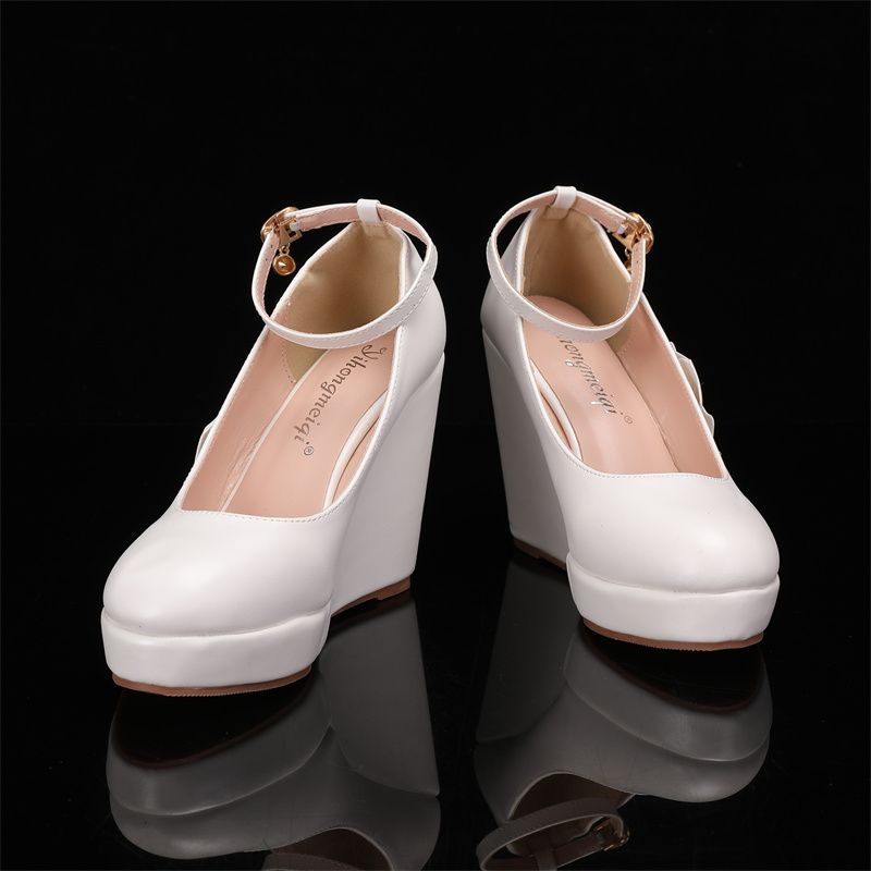 Women's Ivory Lace Floral Wedge Wedding Shoes - Platform Bridal Heels with Ankle Strap, Elegant Romantic Style for Brides at City Weddings
