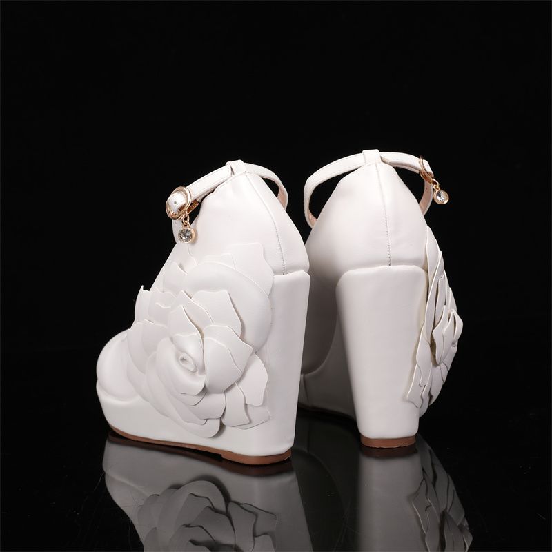 Women's Ivory Lace Floral Wedge Wedding Shoes - Platform Bridal Heels with Ankle Strap, Elegant Romantic Style for Brides at City Weddings