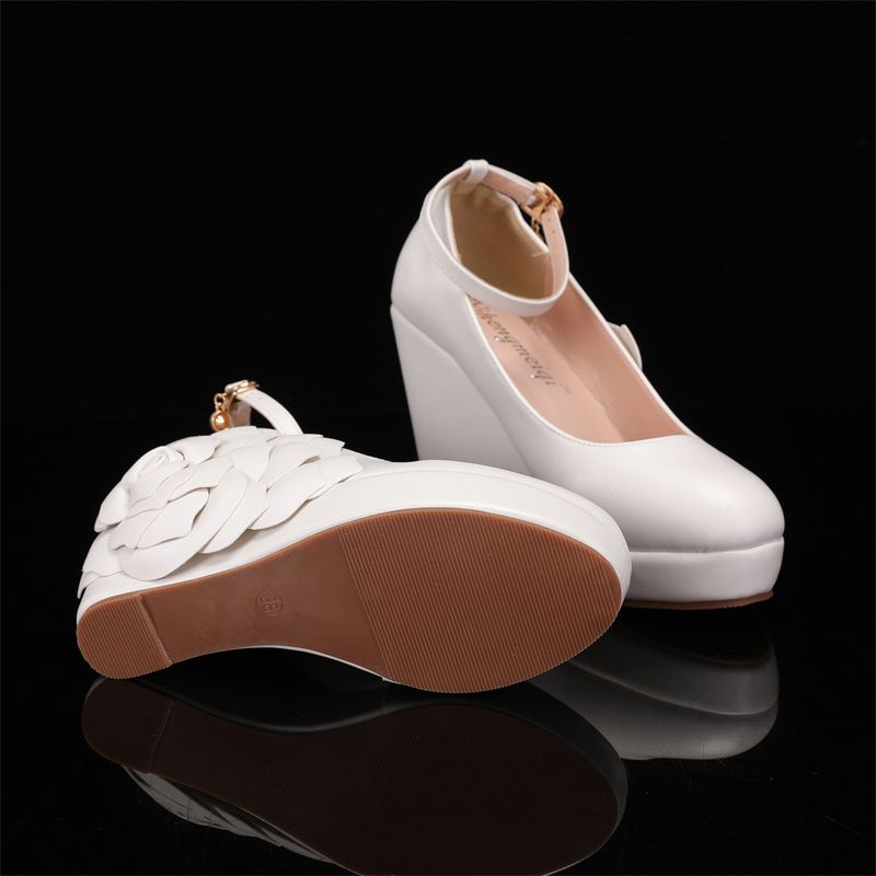 Women's Ivory Lace Floral Wedge Wedding Shoes - Platform Bridal Heels with Ankle Strap, Elegant Romantic Style for Brides at City Weddings