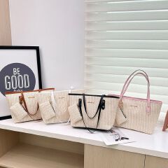 Women's Woven Tote Bag with Small Pouch Large Capacity Shoulder bags Stylish Straw Ladies Bag Look Handbag with Smooth Zipper and Shoulder Straps