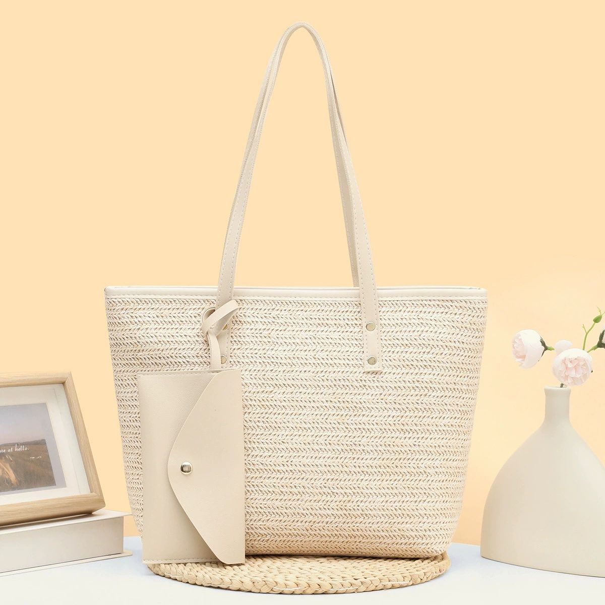 2025 New Women's Straw Tote Bag with Detachable Wallet -zipper bag- Large Capacity Handbag Fashionable Ladies Bag Stylish Women's Shoulder Bag