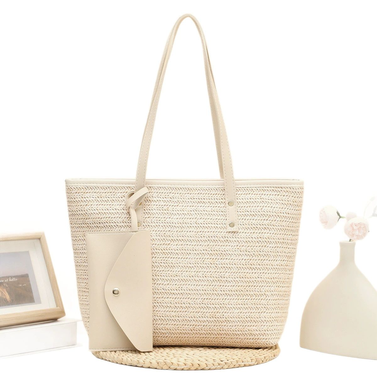 2025 New Women's Straw Tote Bag with Detachable Wallet -zipper bag- Large Capacity Handbag Fashionable Ladies Bag Stylish Women's Shoulder Bag