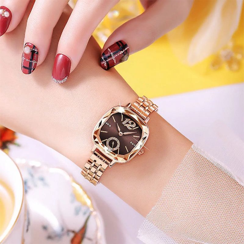 Luxury Brands Women Quartz Watch Fashion Square With Diamonds Seashell Surface Design Rose Gold Coloured Fine Metal Strap Watches