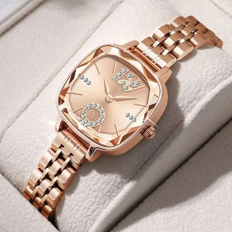 Luxury Brands Women Quartz Watch Fashion Square With Diamonds Seashell Surface Design Rose Gold Coloured Fine Metal Strap Watches