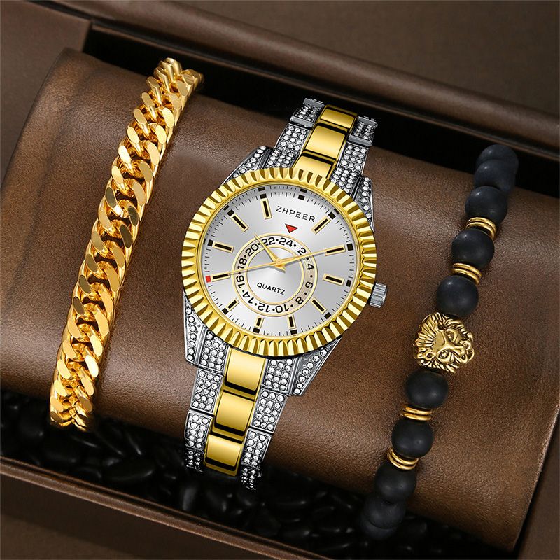 3PCS Set Fashion Mens Calendar Watches Men Business Stainless Steel Quartz Wristwatch Male Casual Necklace Bracelet Watch White