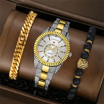 3PCS Set Fashion Mens Calendar Watches Men Business Stainless Steel Quartz Wristwatch Male Casual Necklace Bracelet Watch White