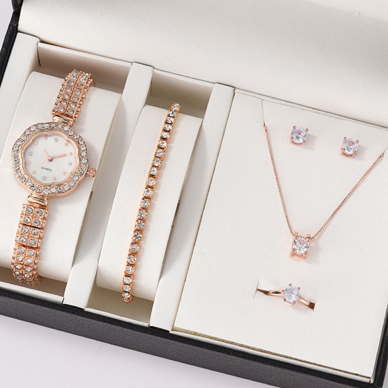 6PCS Women Watch Luxury Elegant Alloy Watch Crystal Wristwatch For Ladies Gift Quartz Watch Alloy Rhinestone Ring Necklace Earrings Bracelet Set