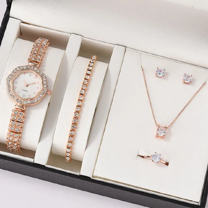 6PCS Women Watch Luxury Elegant Alloy Watch Crystal Wristwatch For Ladies Gift Quartz Watch Alloy Rhinestone Ring Necklace Earrings Bracelet Set